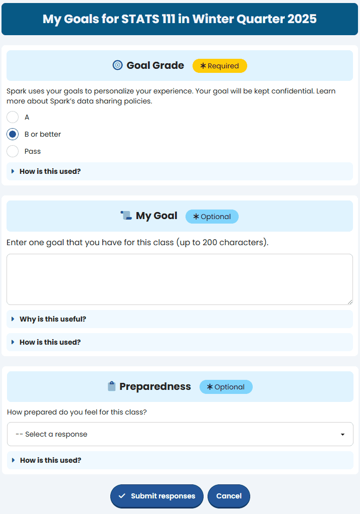 Example of a setting up goals for a particular course